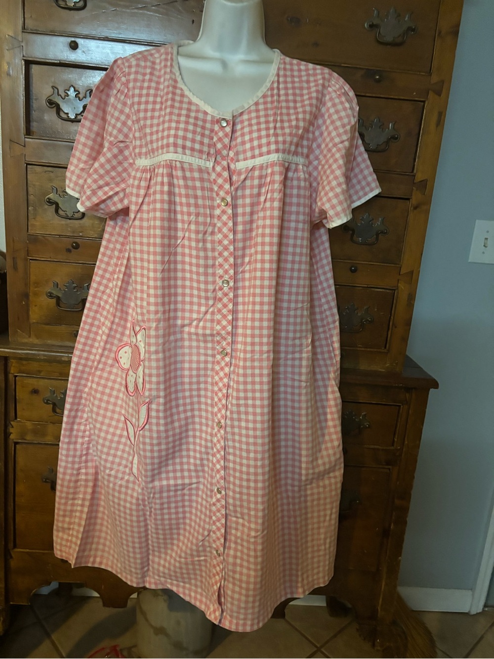 Pink Gingham Snap Front Nightgown  Appliqué Flower - Women Intimates Size 2X